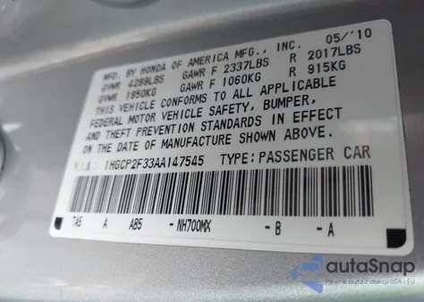 2010 Honda Accord 2.4 Lx из США, поврежденный, VIN 1HGCP2F33AA147545